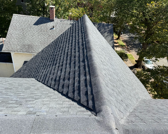 Close-up of finished roof with architectural shingles